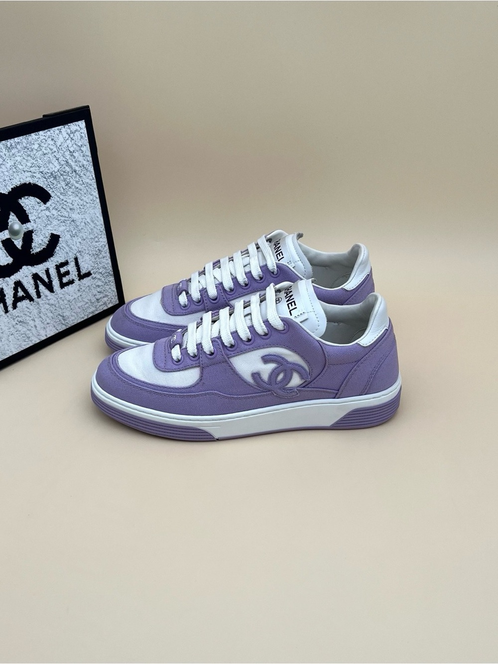 CHANEL Lavender and White Low-Top Sneakers